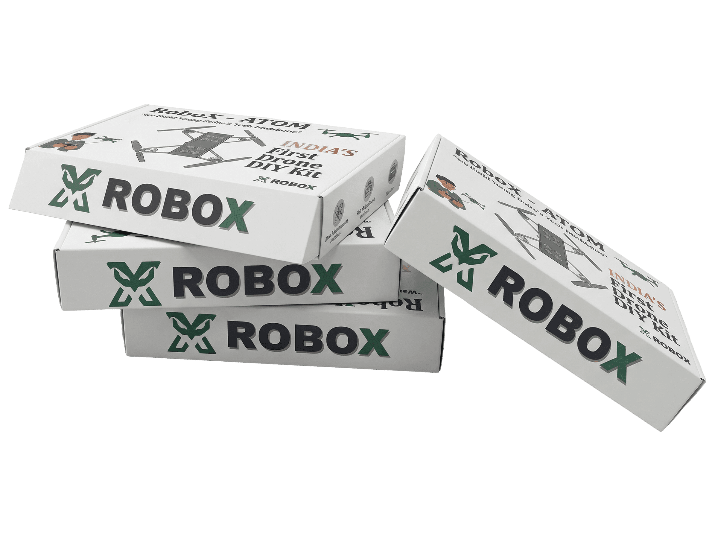 Stack of ROBOX Atom drone kit boxes